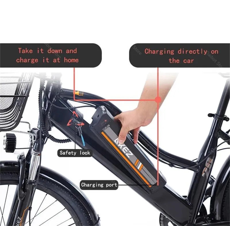 Adult Electric Bicycle 2 Seats 26 Inch 350W 36V 2 Wheel Electric City Bike With Basket /Shock Absorber 35km/h Removable Battery