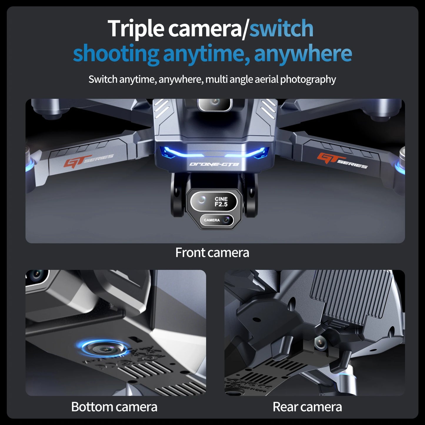 The new foldable drone GT8 is a high-definition, front and rear three-camera, brushless 360° obstacle avoidance children's gift