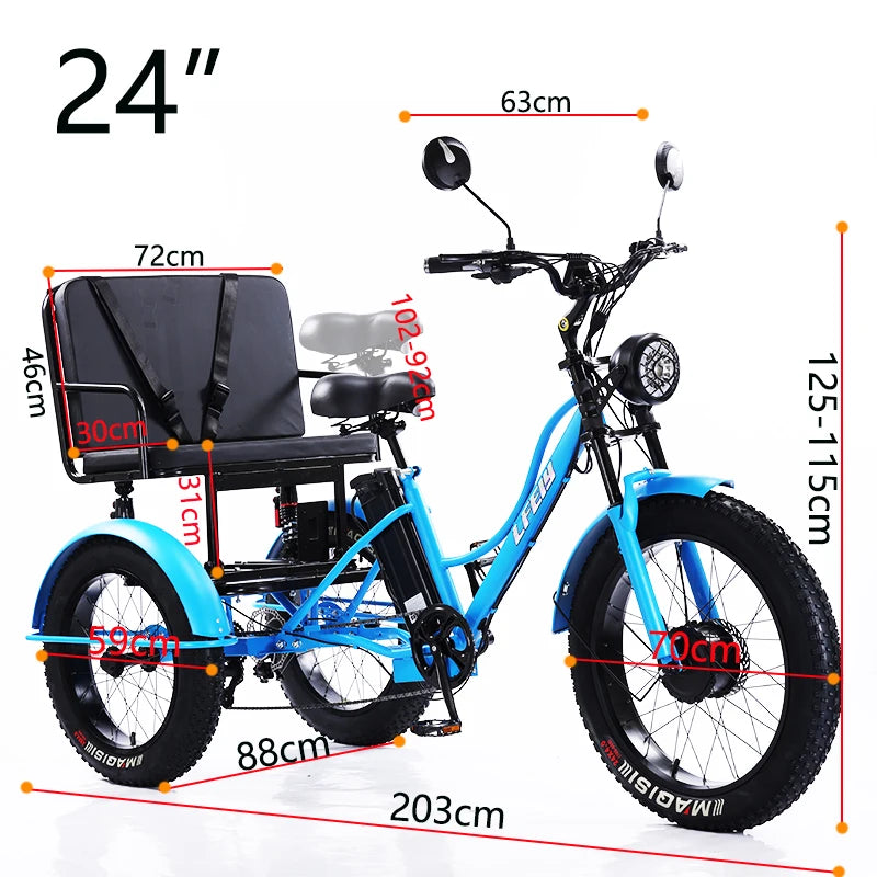 Electric Tricycle For Adults Battery Removable Range of 65km 750w 48W 7-Speed Transmission 24 Inch Snow Fat Bike Electic Bicycle