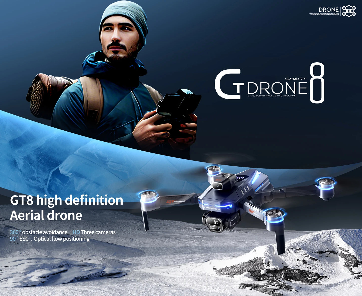 The new foldable drone GT8 is a high-definition, front and rear three-camera, brushless 360° obstacle avoidance children's gift