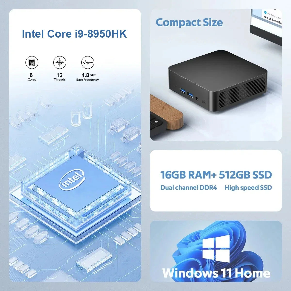 Mini PC Windows 11 Pro Intel 8th Gen Intel i9 Mini PC DDR4 12GB RAM 512GB ROM WiFi 6 BT5.2 Desktop Computer Gaming Mini PC