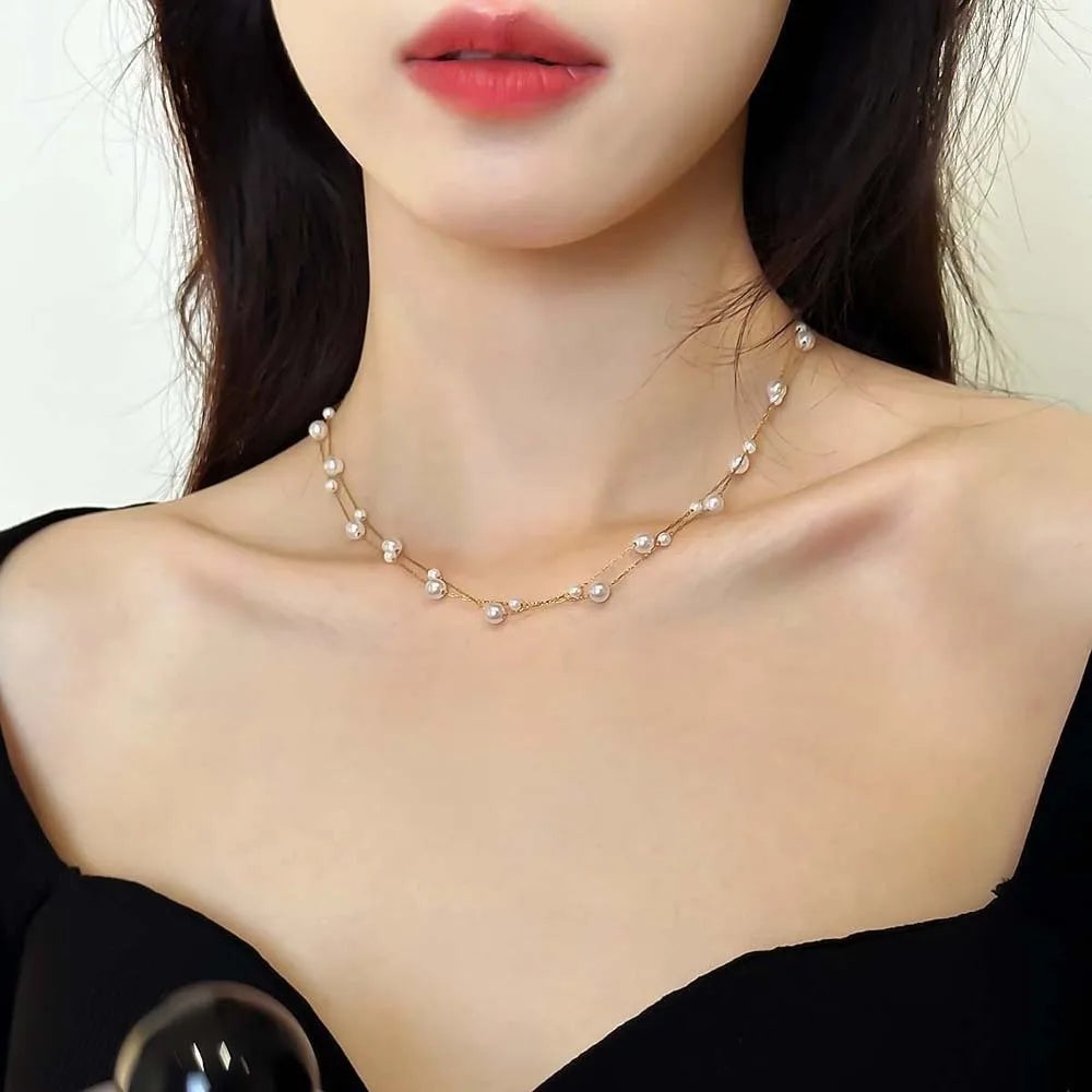 Brilliant Luxury Stacked Pearls Necklace Exquisite Versatile Collarbone Chain Golden Jewelry Beaded Choker Necklace Girls