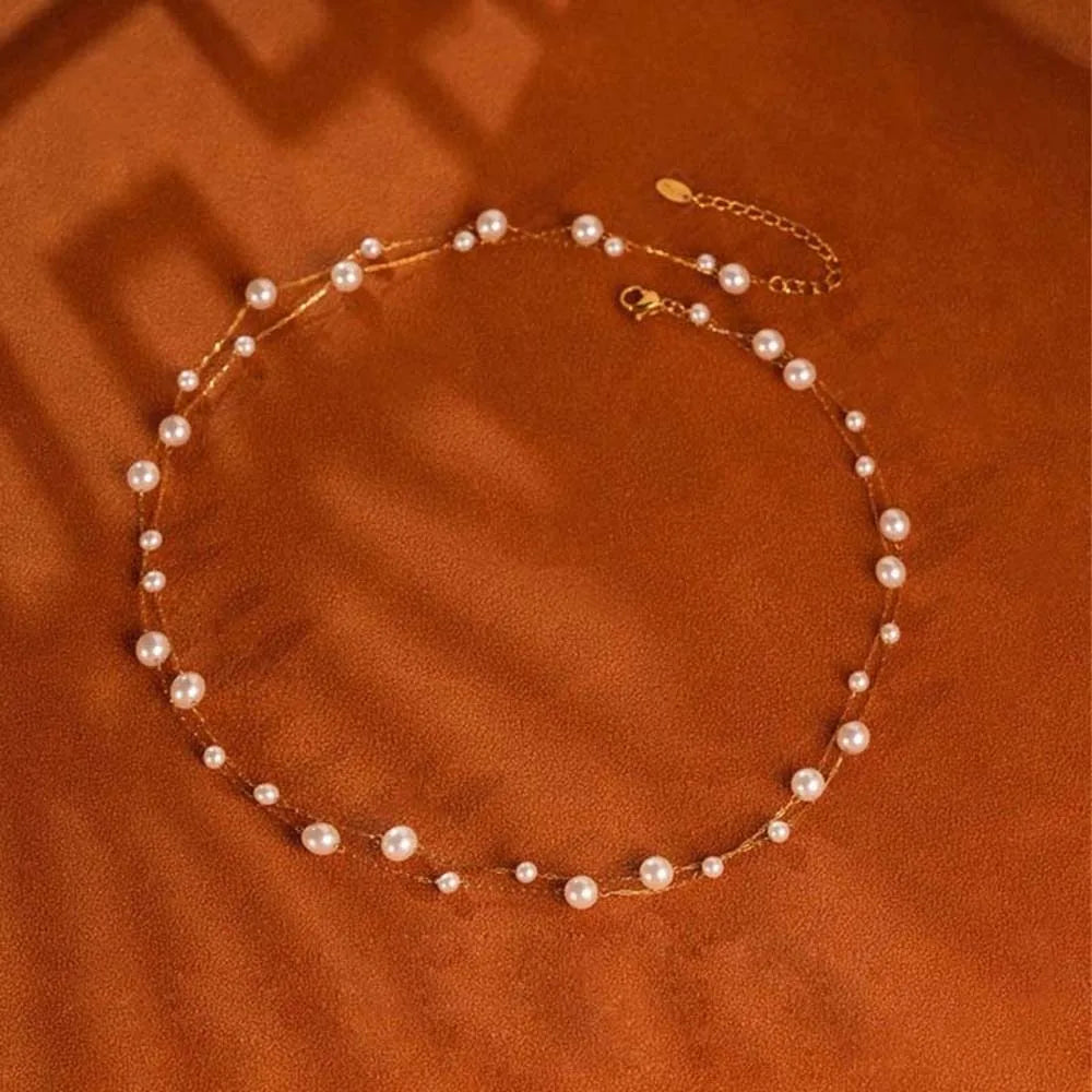 Brilliant Luxury Stacked Pearls Necklace Exquisite Versatile Collarbone Chain Golden Jewelry Beaded Choker Necklace Girls