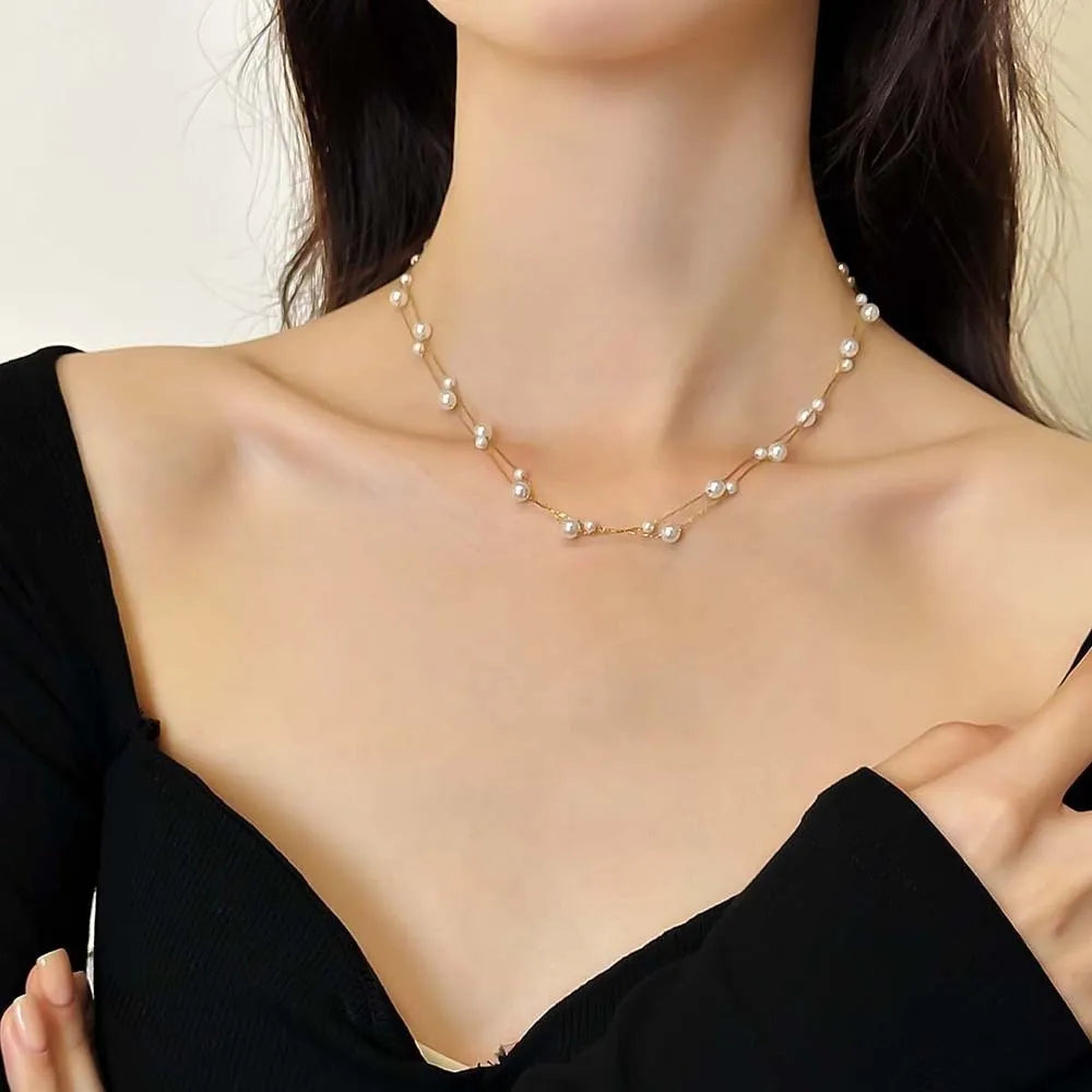 Brilliant Luxury Stacked Pearls Necklace Exquisite Versatile Collarbone Chain Golden Jewelry Beaded Choker Necklace Girls