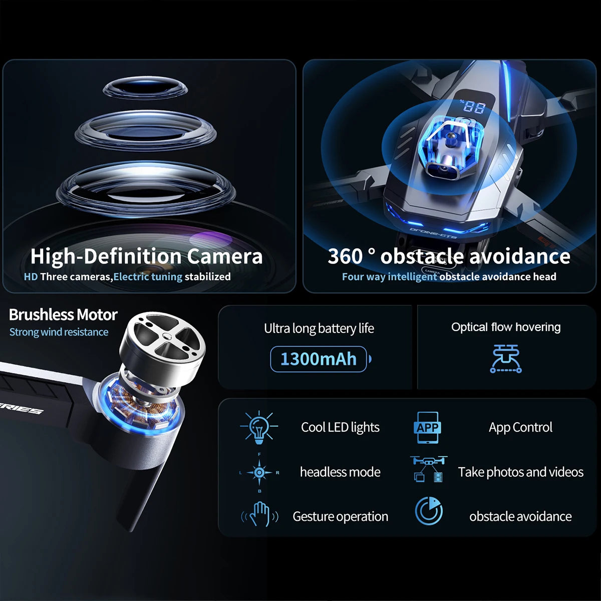 The new foldable drone GT8 is a high-definition, front and rear three-camera, brushless 360° obstacle avoidance children's gift