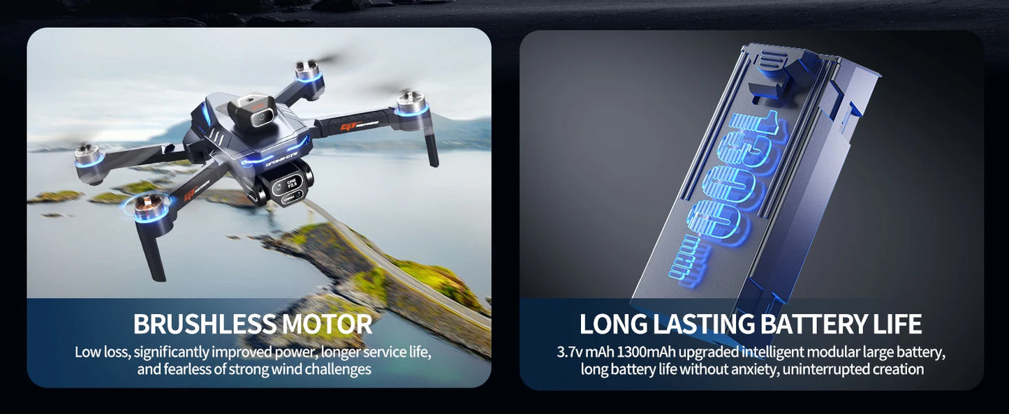 The new foldable drone GT8 is a high-definition, front and rear three-camera, brushless 360° obstacle avoidance children's gift
