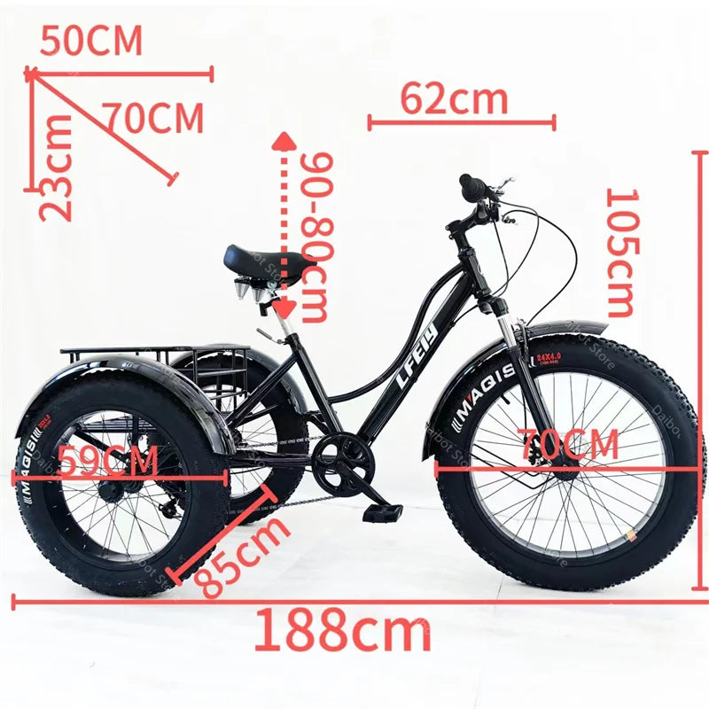 Electric Tricycle For Adults Battery Removable Range of 65km 750w 48W 7-Speed Transmission 24 Inch Snow Fat Bike Electic Bicycle