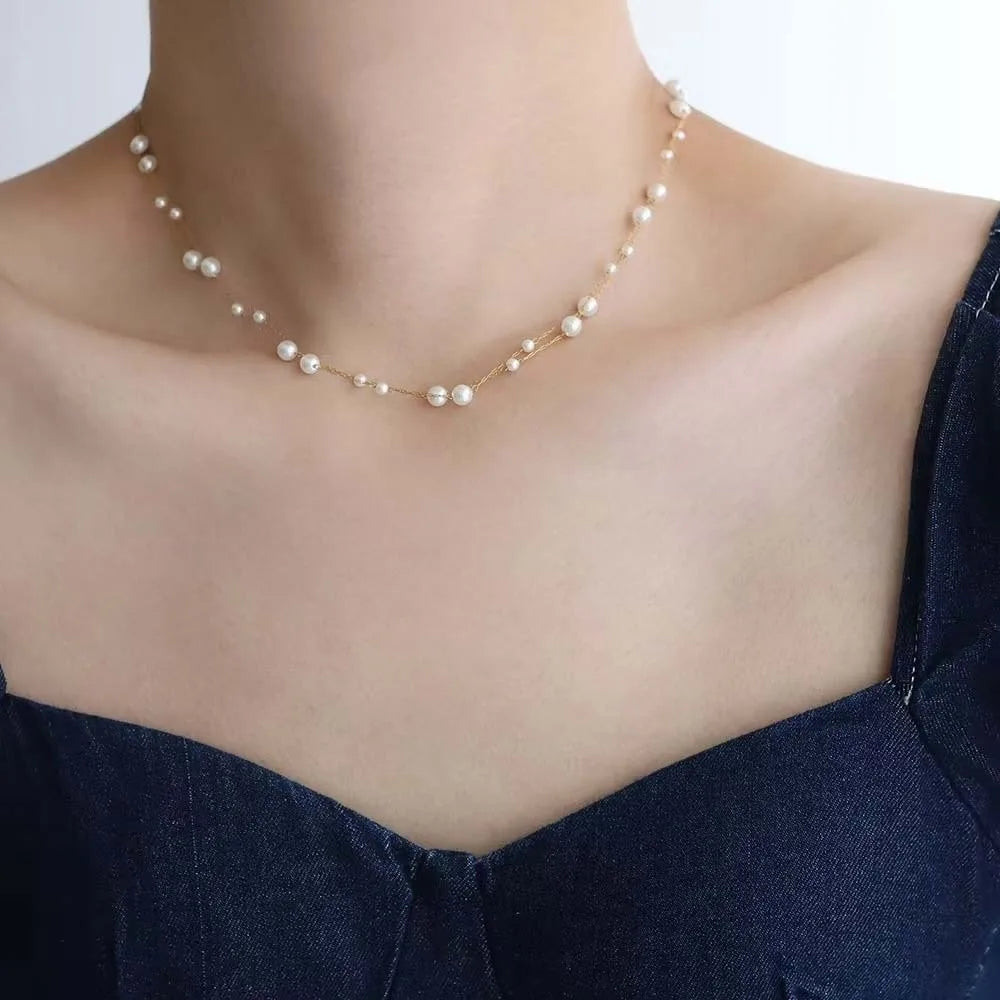 Brilliant Luxury Stacked Pearls Necklace Exquisite Versatile Collarbone Chain Golden Jewelry Beaded Choker Necklace Girls