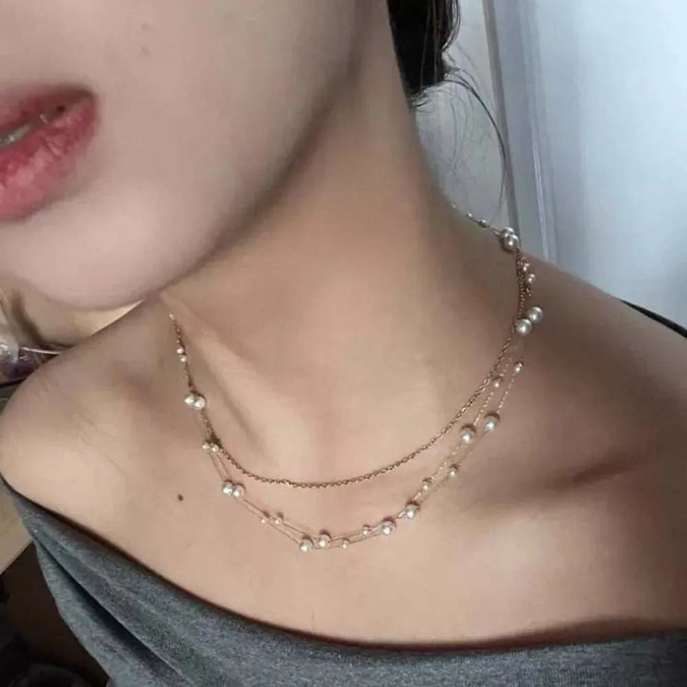 Brilliant Luxury Stacked Pearls Necklace Exquisite Versatile Collarbone Chain Golden Jewelry Beaded Choker Necklace Girls