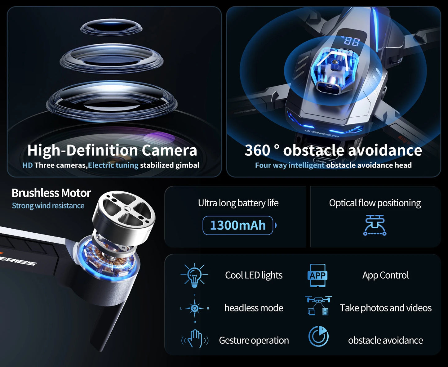 The new foldable drone GT8 is a high-definition, front and rear three-camera, brushless 360° obstacle avoidance children's gift