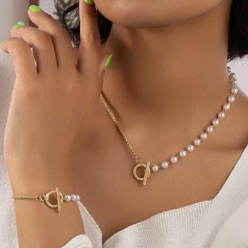 Bracelet Necklaces Jewelry Set Fashion Elegant Design Splicing Pearl Chain Light Luxury Jewelry Set for Women Серьги Женские