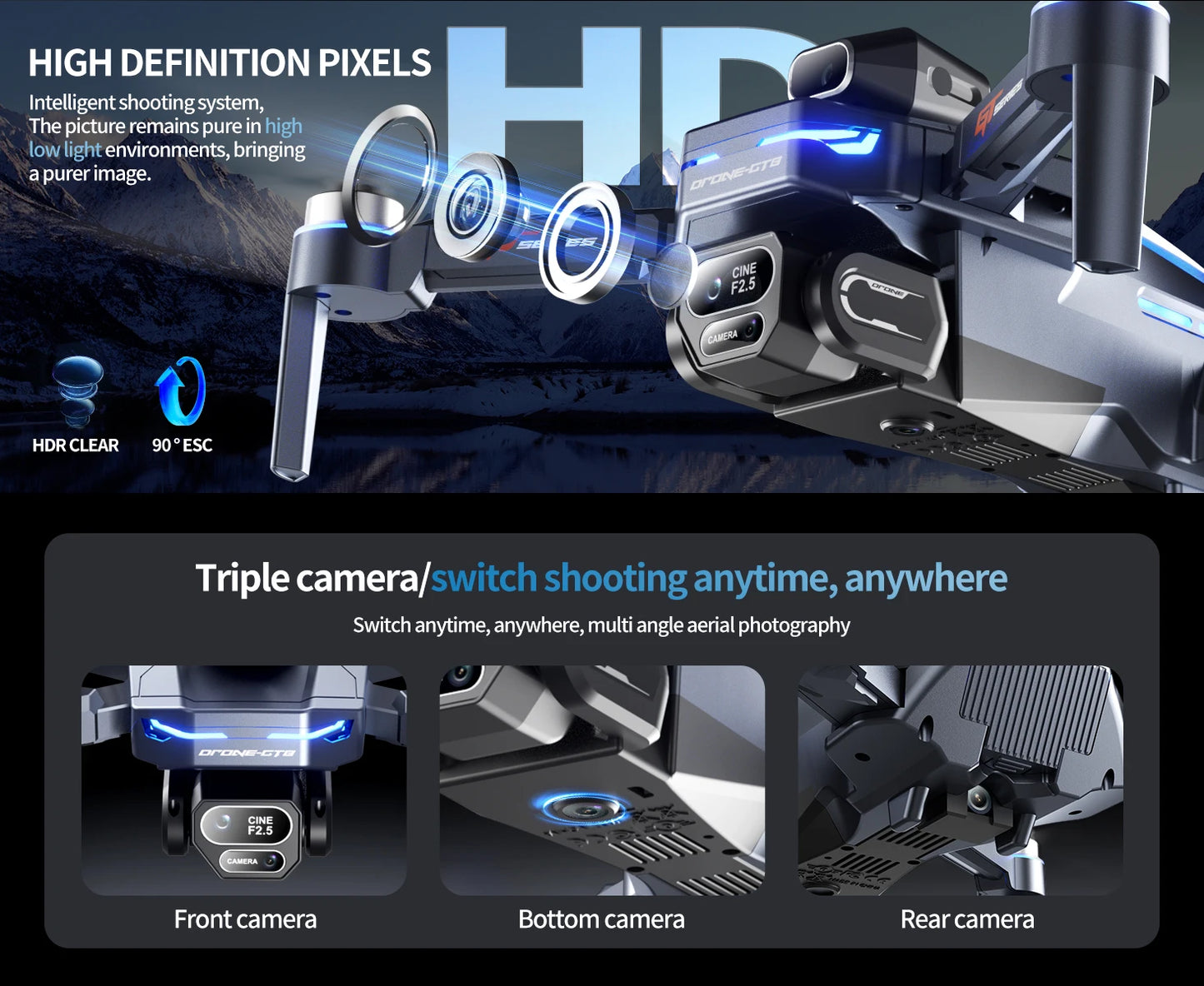 The new foldable drone GT8 is a high-definition, front and rear three-camera, brushless 360° obstacle avoidance children's gift