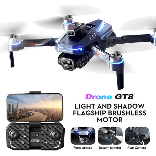 The new foldable drone GT8 is a high-definition, front and rear three-camera, brushless 360° obstacle avoidance children's gift