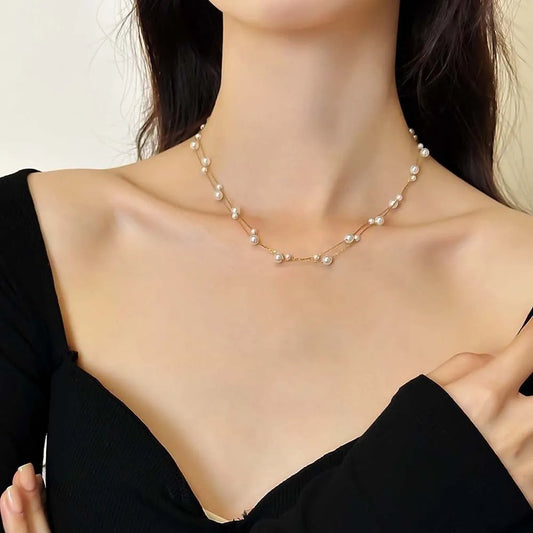 Brilliant Luxury Stacked Pearls Necklace Exquisite Versatile Collarbone Chain Golden Jewelry Beaded Choker Necklace Girls